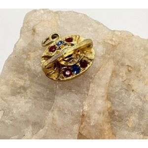 Vintage Gold Tone‎ Blue & Red Rhinestone Phone 3D Charm Brushed Metal 1960s